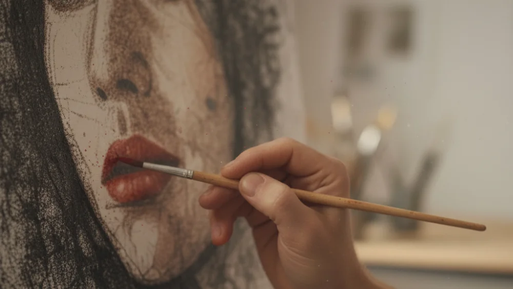 Un artista nel suo studio dipinge un'intensa opera d'arte, il ritratto di un volto di donna, perfetta come copertina per un libro sull'arte e la creatività.